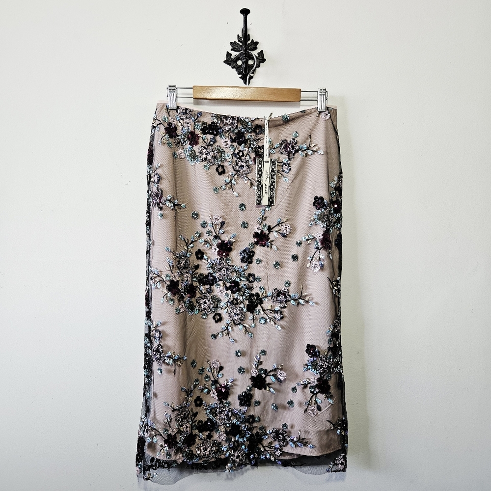 NWT Ultra Pink Sheer Floral Midi Dress Size M Romantic Embroidered Sequin Roses